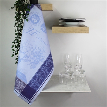 Luksus viskestykke i fransk vævet damask i blå nuancer med motiv af hortensia